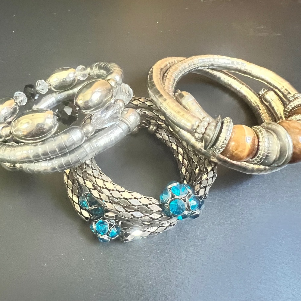 Vintage Silver Tone Beaded Coil Wrap Bracelet Lot Blue Rhinestone Boho 90s